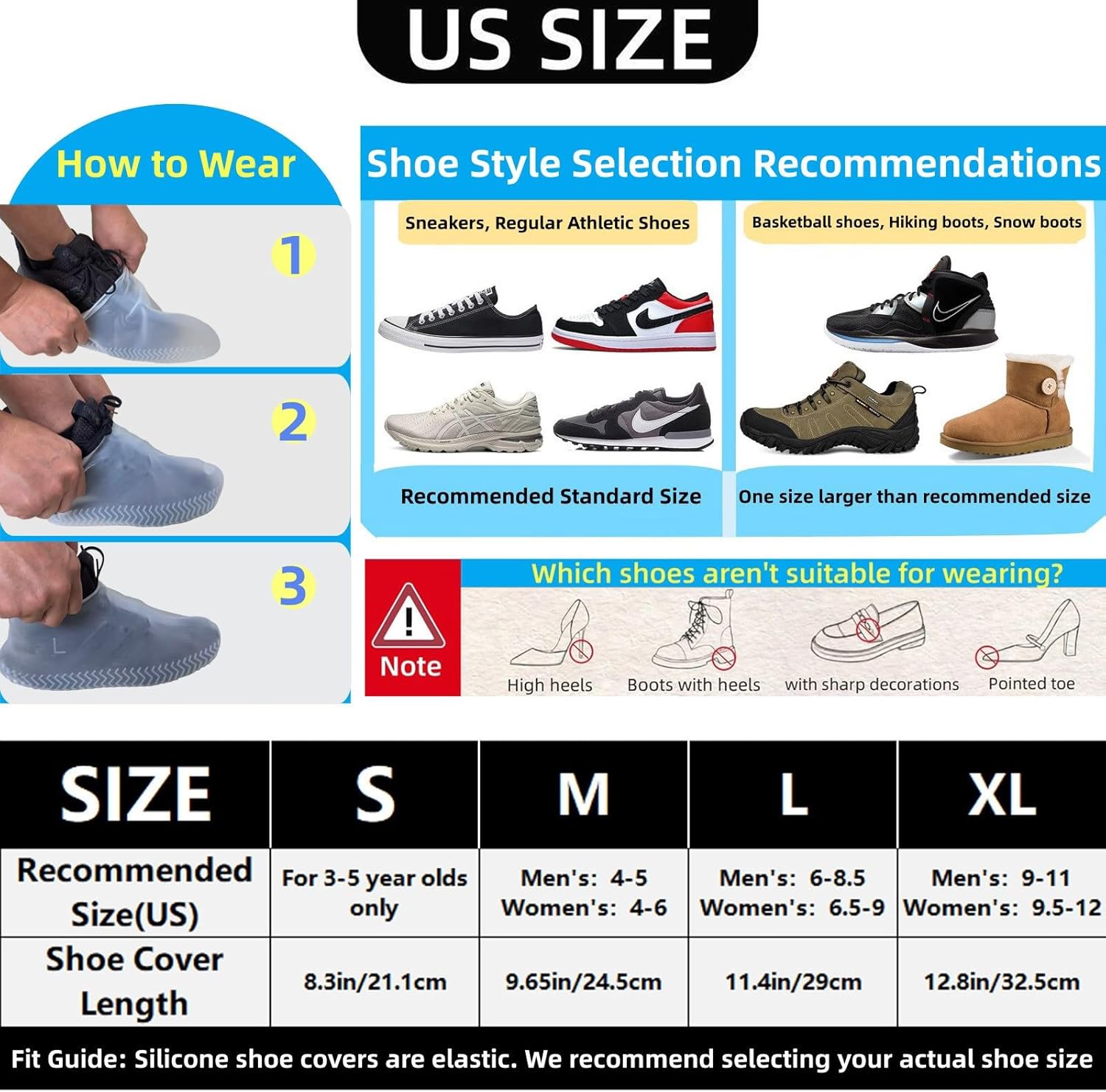 Waterproof Shoe Covers 2 Pairs, Rain Shoe Covers Reusable Silicone Non-Slip Shoe Covers