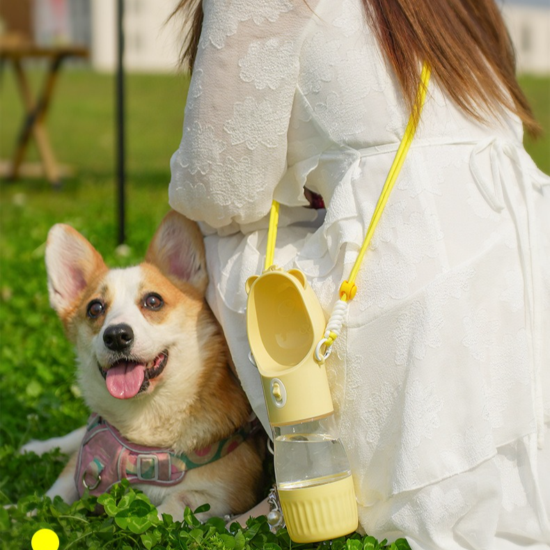 All-in-One Water and Food Pet Travel Cup, Portable Water Dispenser for Dogs and Cats – Yellow
