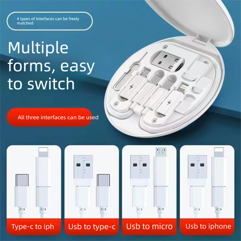 2-Pack Blue 60W Fast Charging Cable Kit with Storage Box - 5-in-1 Multi-Interface Data Cable Set with Phone Stand & SIM Ejector Tool - Universal Compatibility for iPhone, Android, and Type-C Devices - Portable Travel Gadget Organizer