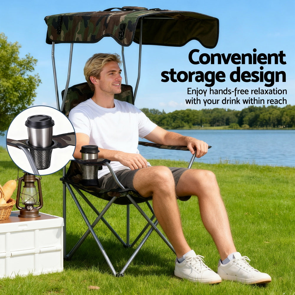 Weisshorn Camping Chair With Canopy Folding Outdoor Portable Seat Lightweight Beach Picnic Fishing Capacity 120KG Army Green